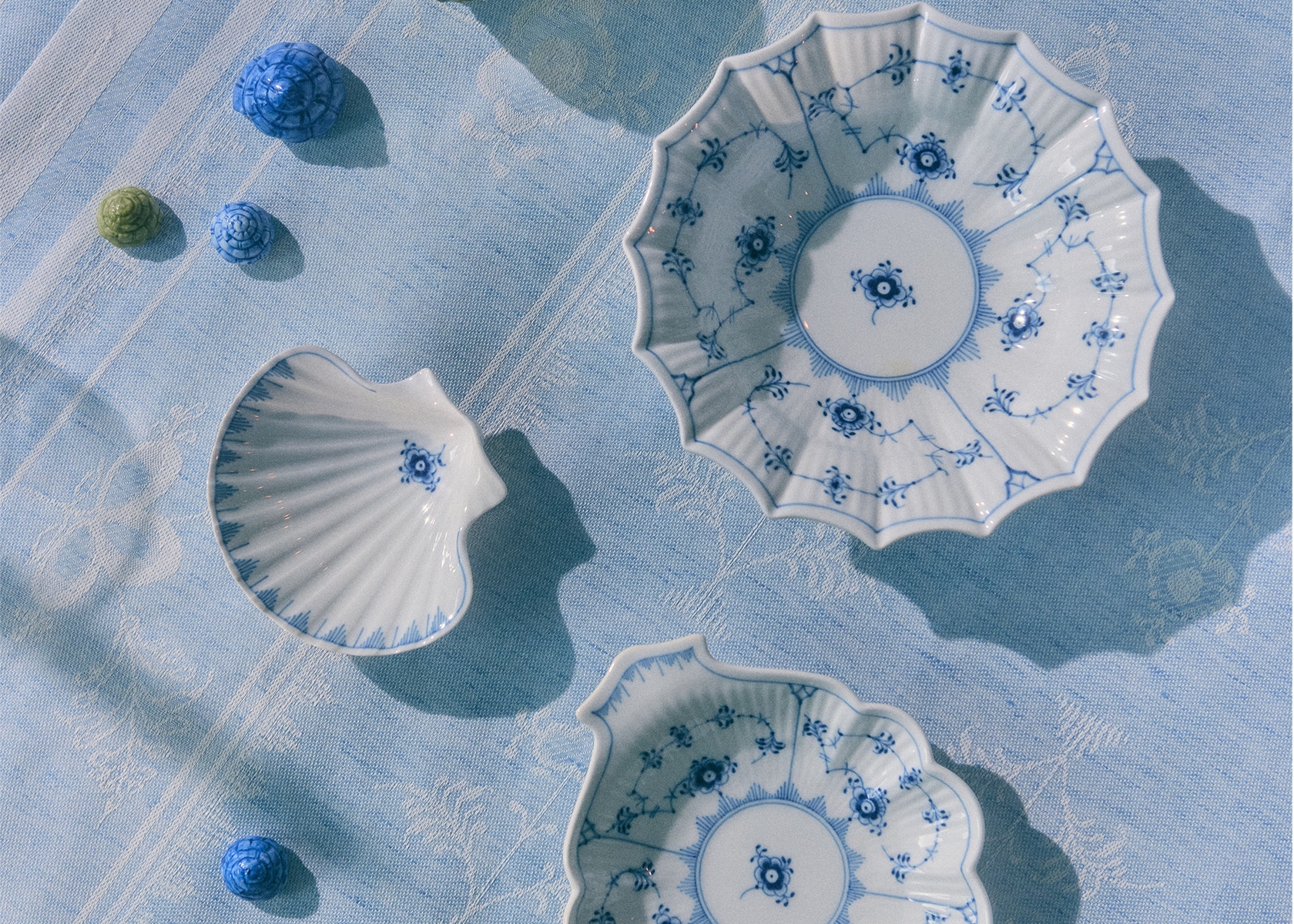 Blue Fluted Plain Serveware on our Heritage Tablecloth
